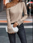 Kadın Uzun Kollu Tek Omuzu Açık Dantelli Burgu Bluz thumbnail 3