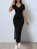 Kadın Kısa Kollu V Yakalı Yandan Yırtmaçlı Viskon Iki Iplik Elbise thumbnail 2