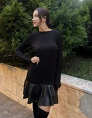 Kadın Uzun Kollu Bisiklet Yaka üst Viskon Etek Ucu Deri Kısa Elbise - 2