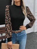 Kadın Uzun Kollu Yarı Balıkçı Yaka Leopar Detaylı Kaşkorse Bluz thumbnail 7