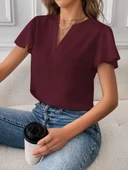 Kadın Kısa Kollu Kelebek Kollu V Yakalı Sandy Bluz thumbnail 2