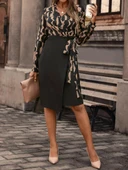 Kadın Uzun Kollu Kruvaze Yaka Dijital Baskılı Fiyonk Detay Dalgıç Kumaş Elbise thumbnail 2