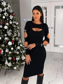 Kadın Dekolte Detaylı Scuba Dalgıç Kumaş Taş Aksesuarli Elbise thumbnail 4