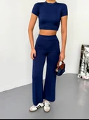 Osy Modal Yumuşak Dokulu Kumaş Kısa Kollu Crop Alt Ispanyol Paça Pantalon Ikili Takım - Lacivert - 4