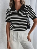 Kadın Kısa Kol Polo Yaka çizgi Desen Triko Bluz thumbnail 2