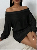 Kadın Uzun Kollu Omuzlardan Açık Yanlardan Büzgülü şardonlu Kaşkorse Elbise thumbnail 3