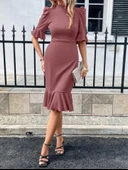 Kadın Kısa Kollu Yarı Balıkçı Yakalı Etek Ucu Fırfırlı Midi Ithal Krep Elbise thumbnail 2