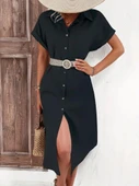 Kadın Kısa Kollu Yakalı Düğme Detay Midi Dokuma Elbise thumbnail 1