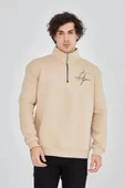 Erkek Yarım Fermuarlı Baskılı Sweat - Bej thumbnail 2