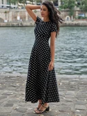 Kadın Kısa Kollu Bisiklet Yaka Puantiyeli Maksi örme Krep Elbise thumbnail 9