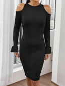 Kadın Uzun Kollu Bisiklet Yaka Omuz Açık Kol Ağzı Fırfır Detay Dalgıç Midi Boy Elbise thumbnail 10