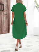Kadın Kısa Kollu Yakalı Düğme Detay Midi Dokuma Elbise thumbnail 2
