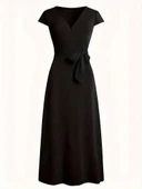 Kadın Kısa Kollu V Yakalı Belden Kuşaklı Maksi Boy Viskon Elbise thumbnail 4