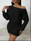 Kadın Uzun Kollu Omuzlardan Açık Yanlardan Büzgülü şardonlu Kaşkorse Elbise thumbnail 2