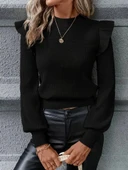 Kadın Uzun Kollu Bisiklet Yaka Omuzları Fırfırlı Triko Bluz thumbnail 6