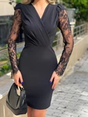 Kadın Uzun Kollu Kruvaze Yaka Kollar Tül Detay Krep Mini Boy Elbise thumbnail 3