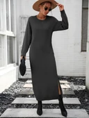 Kadın Uzun Kollu Bisiklet Yaka Yırtmaç Detay Triko Midi Boy Elbise thumbnail 1