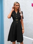 Kadın Kısa Kollu Düğmeli Ve Kemerli Atlas Elbise thumbnail 4