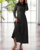 Kadın Krep Kumaş Uzun Kollu Tam Boy Puantiyeli Elbise 132 Cm thumbnail 8