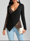 Kadın Uzun Kollu Kruvaze Yakalı Leopar Desen Detaylı Viskon Bluz thumbnail 5