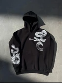 Uzun Kol Kapşonlu Baskılı SweatShirt - Siyah - 1