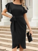 Kadın Kısa Fırfır Kollu Yakası Açık Belden Kuşaklı çapraz Kesim Detaylı Ithal Krep Elbise thumbnail 3