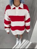 Unisex Üç İplik Parçalı Yakalı SweatShirt - Kırmızı - 1
