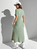 Kadın Kısa Kollu Bisiklet Yaka Yırtmaç Detay Fitilli Kaşkorse Tam Boy Elbise thumbnail 3