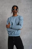 Erkek Düz Bisiklet Yaka Sweat - Mavi thumbnail 1