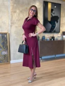 Kadın Kısa Kollu Yakadan Ve Etekten Fermuarlı Midi Viskon Iki Iplik Elbise thumbnail 2