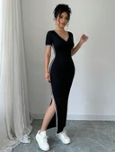 Kadın Kısa Kollu V Yakalı Yandan Yırtmaçlı Viskon Iki Iplik Elbise thumbnail 3