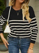 Kadın Uzun Kollu Omuzu Düğme Detay çizgili Triko Kazak thumbnail 1