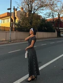 Kadın Kısa Kollu Bisiklet Yaka Puantiyeli Maksi örme Krep Elbise thumbnail 12