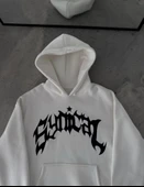 Üç İplik Kapşonlu Baskılı Oversize SweatShirt-  Beyaz - 1