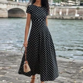 Kadın Kısa Kollu Bisiklet Yaka Puantiyeli Maksi örme Krep Elbise thumbnail 7