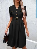 Kadın Kısa Kollu Düğmeli Ve Kemerli Atlas Elbise thumbnail 6