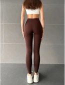 Nonofit Yüksek Bel Düz Sporcu Tayt - Kahve - 2