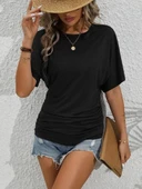 Kadın Kısa Kollu Bisiklet Yaka Yanları Büzgü Detay Yarasa Kol Viskon Bluz thumbnail 3