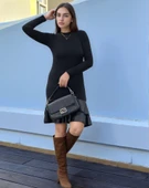 Kadın Uzun Kollu Bisiklet Yaka üst Viskon Etek Ucu Deri Kısa Elbise thumbnail 1