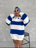 Unisex Üç İplik Parçalı Yakalı SweatShirt - Mavi - 1