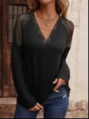 Kadın Uzun Kollu V Yakalı Dantel Detaylı Viskon Bluz thumbnail 4
