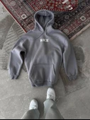 Uzun Kol Kapşonlu Göğüs Baskılı SweatShirt - Gri - 2