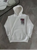 Uzun Kol Kapşonlu Ön Ve Arka Baskılı SweatShirt - Beyaz - 3