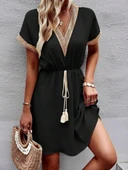 Kadın Kısa Kollu V Yakalı Belinde Bağcıklı Viskon Elbise thumbnail 7