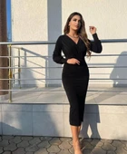 Kadın Uzun Kollu Kruvaze Yaka Büzgü Ve Balon Kol Detay Krep Kumaş Maxi Boy Elbise thumbnail 1