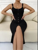 Kadın Kolsuz Askı Halka Detay önü Düğmeli Midi Boy Yırtmaçlı Fitilli Kaşkorse Elbise thumbnail 3