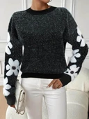 Kadın Uzun Kollu Bisiklet Yaka çiçek Desenli Triko Bluz thumbnail 3