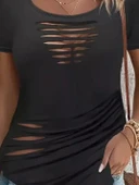 Kadın Kısa Kollu Yakası Açık Lazer Kesik Detaylı Viskon Bluz thumbnail 2