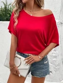 Kadın Tek Omuzu Açık Kısa Kollu Salaş Viskon Bluz thumbnail 1