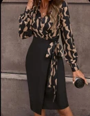 Kadın Uzun Kollu Kruvaze Yaka Dijital Baskılı Fiyonk Detay Dalgıç Kumaş Elbise thumbnail 4